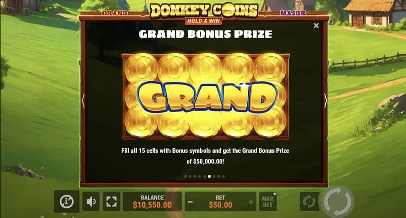 Donkey Coins Hold & Win - scherm met Mini, Minor, Major, Grand Jackpots